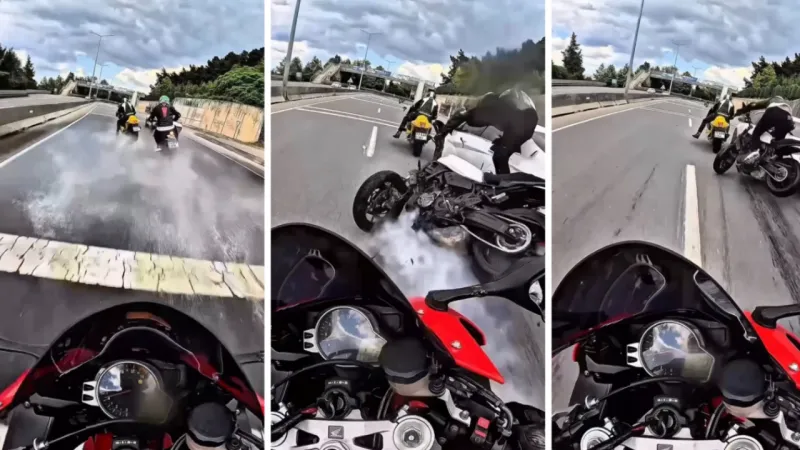 Metrelerce sürüklendi! 3 motosikletin karıştığı kaza kask kamerasına yansıdı